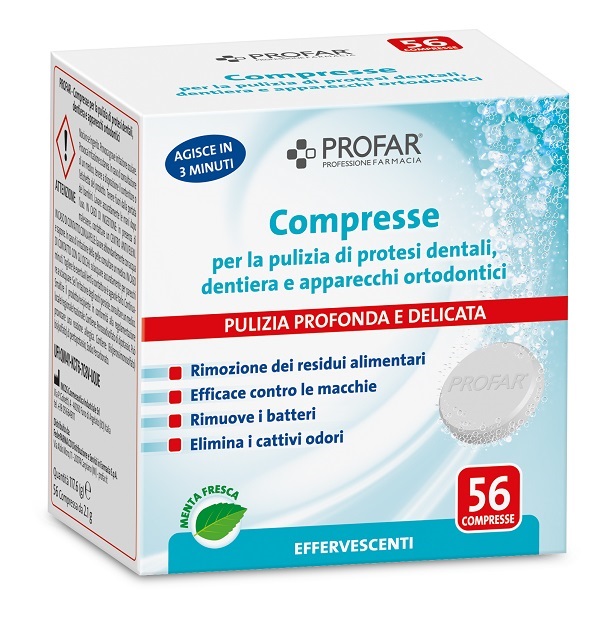 PROFAR COMPRESSE PULIZIA PROTESI DENTALI-DENTIERA-APPARECCHI ORTODONTICI 56 PEZZI - farmaciaverde.it