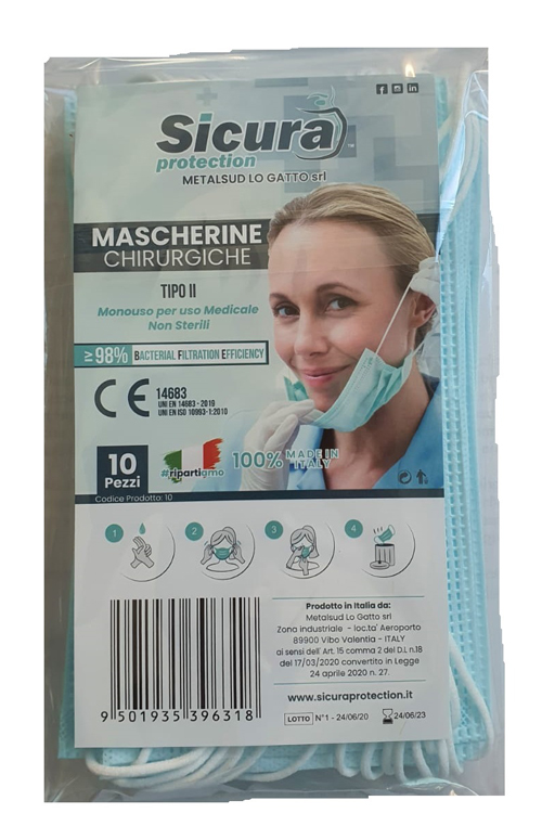 MASCHERINA CHIRURGICA SICURA PROTECTION TIPO II 3 STRATI CON ELASTICI AZZURRA 10 PEZZI - farmaciaverde.it
