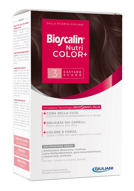 BIOSCALIN NUTRICOLOR PLUS 3 CASTANO SCURO CREMA COLORANTE 40 ML + RIVELATORE CREMA 60 ML + SHAMPOO 12 ML + TRATTAMENTO FINALE BALSAMO 12 ML - farmaciaverde.it