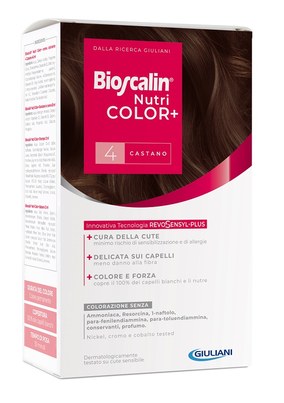 BIOSCALIN NUTRICOLOR PLUS 4 CASTANO CREMA COLORANTE 40 ML + RIVELATORE CREMA 60 ML + SHAMPOO 12 ML + TRATTAMENTO FINALE BALSAMO 12 ML - farmaciaverde.it
