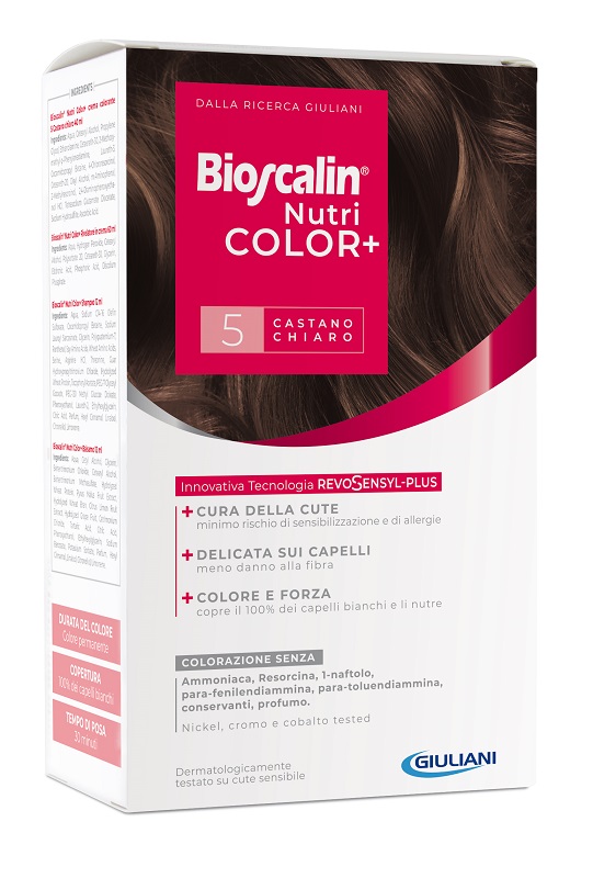 BIOSCALIN NUTRICOLOR PLUS 5 CASTANO CHIARO CREMA COLORANTE 40 ML + RIVELATORE CREMA 60 ML + SHAMPOO 12 ML + TRATTAMENTO FINALE BALSAMO 12 ML - farmaciaverde.it