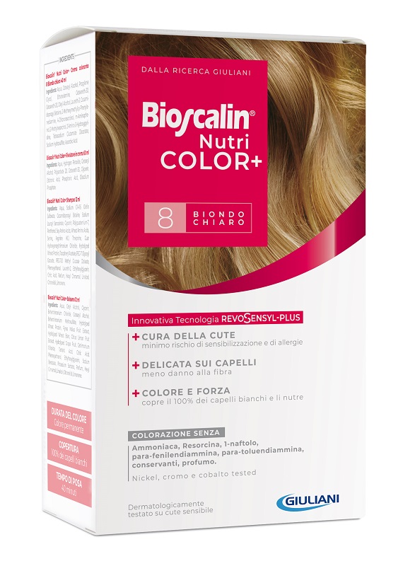 BIOSCALIN NUTRICOLOR PLUS 8 BIONDO CHIARO CREMA COLORANTE 40 ML + RIVELATORE CREMA 60 ML + SHAMPOO 12 ML + TRATTAMENTO FINALE BALSAMO 12 ML - farmaciaverde.it