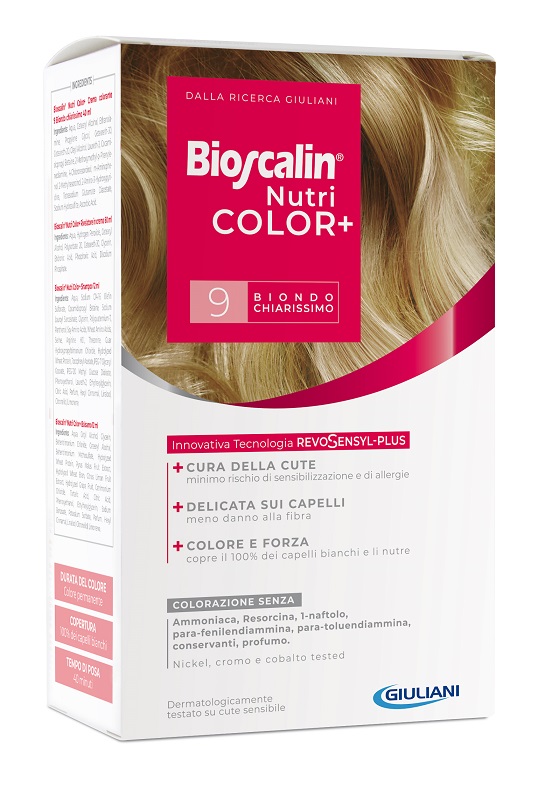 BIOSCALIN NUTRICOLOR PLUS 9 BIONDO CHIARISSIMO CREMA COLORANTE 40 ML + RIVELATORE CREMA 60 ML + SHAMPOO 12 ML + TRATTAMENTO FINALE BALSAMO 12 ML - farmaciaverde.it