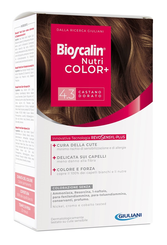 BIOSCALIN NUTRICOLOR PLUS 4,3 CASTANO DORATO CREMA COLORANTE 40 ML + RIVELATORE CREMA 60 ML + SHAMPOO 12 ML + TRATTAMENTO FINALE BALSAMO 12 ML - farmaciaverde.it