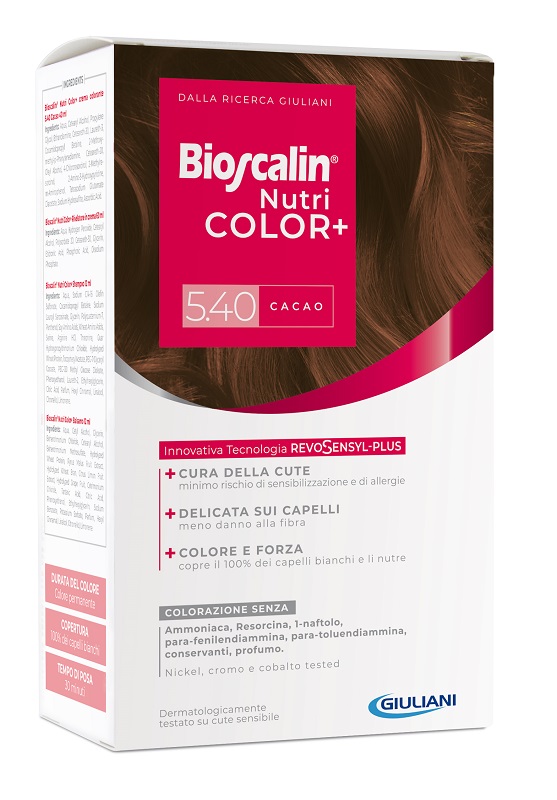 BIOSCALIN NUTRICOLOR PLUS 5,40 CACAO CREMA COLORANTE 40 ML + RIVELATORE CREMA 60 ML + SHAMPOO 12 ML + TRATTAMENTO FINALE BALSAMO 12 ML - farmaciaverde.it