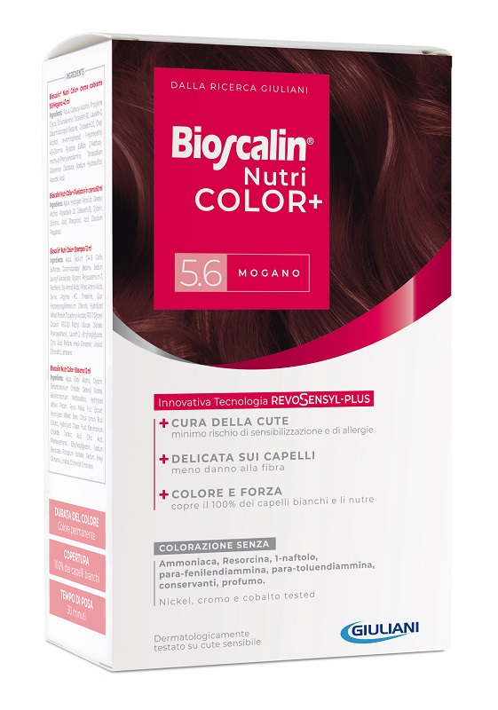 BIOSCALIN NUTRICOLOR PLUS 5,6 MOGANO CREMA COLORANTE 40 ML + RIVELATORE CREMA 60 ML + SHAMPOO 12 ML + TRATTAMENTO FINALE BALSAMO 12 ML - farmaciaverde.it